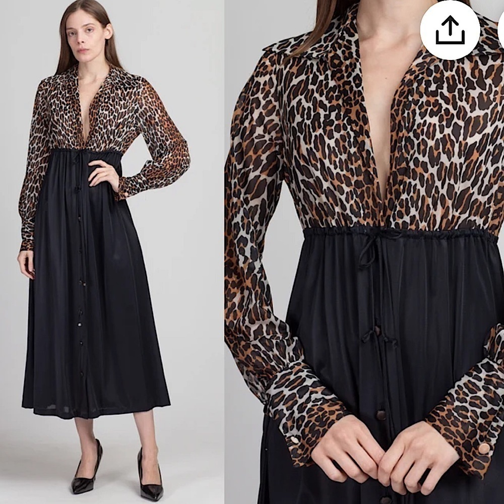 60s 70s Vanity Fair Leopard Print maxi Dress Vintage Button Up size M
